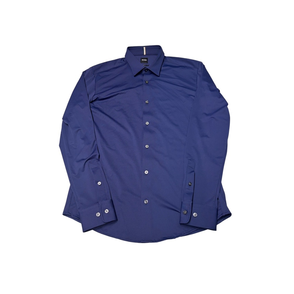 Hugo Boss Robbie_F Sharp Fit Dress Shirt Mens Medium Navy Blue Stretch Polyamide